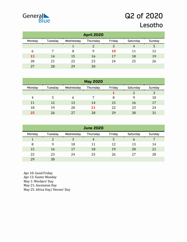 Quarterly Calendar 2020 with Lesotho Holidays