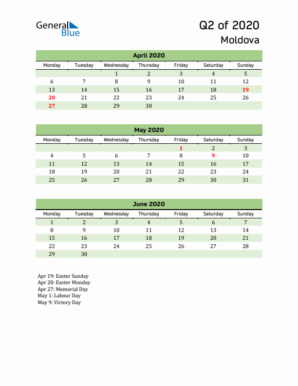 Quarterly Calendar 2020 with Moldova Holidays