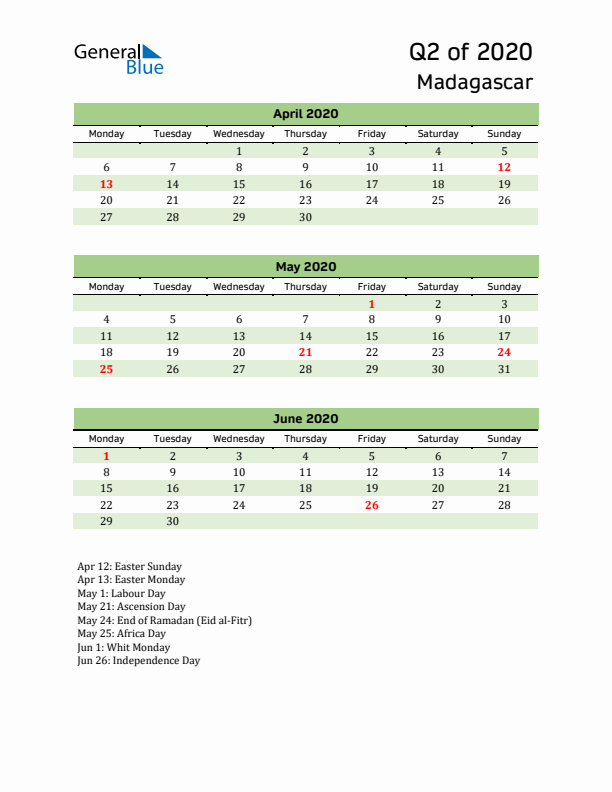 Quarterly Calendar 2020 with Madagascar Holidays