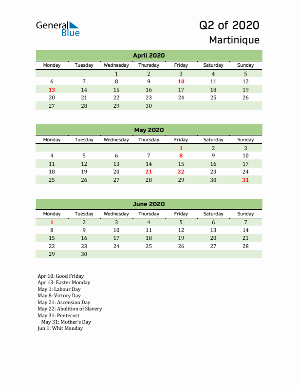 Quarterly Calendar 2020 with Martinique Holidays