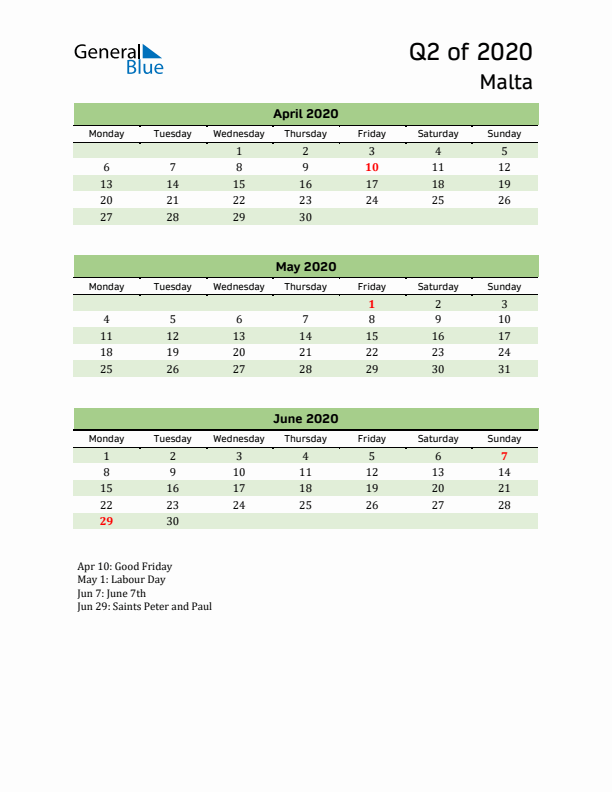 Quarterly Calendar 2020 with Malta Holidays