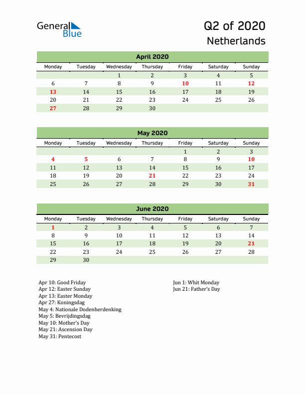 Quarterly Calendar 2020 with The Netherlands Holidays