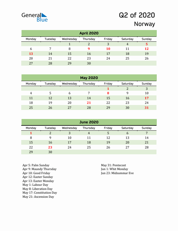 Quarterly Calendar 2020 with Norway Holidays