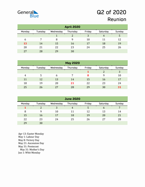 Quarterly Calendar 2020 with Reunion Holidays