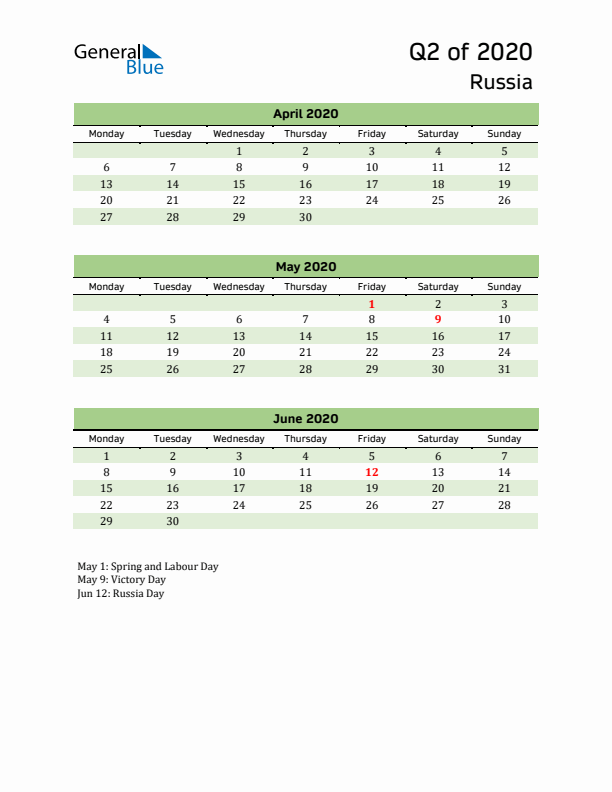 Quarterly Calendar 2020 with Russia Holidays