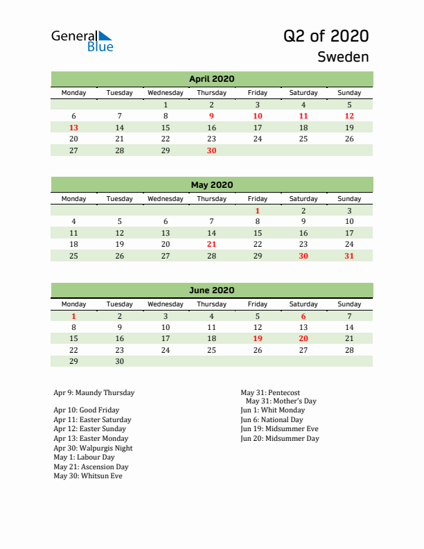 Quarterly Calendar 2020 with Sweden Holidays