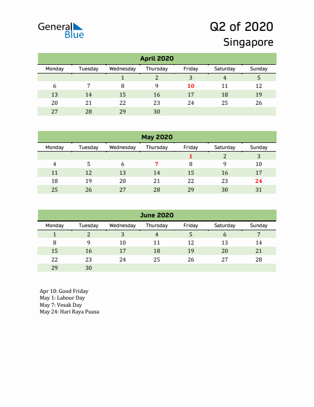 Quarterly Calendar 2020 with Singapore Holidays