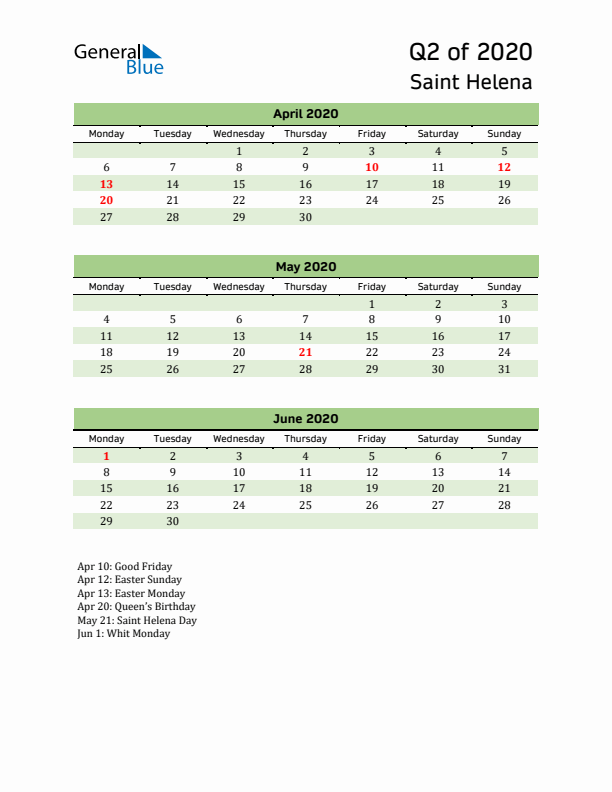 Quarterly Calendar 2020 with Saint Helena Holidays