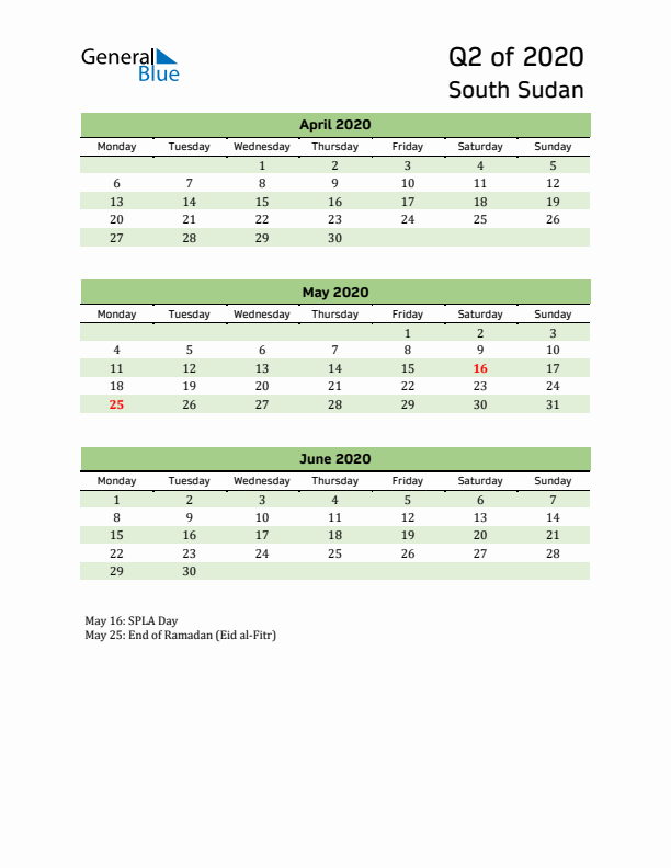 Quarterly Calendar 2020 with South Sudan Holidays