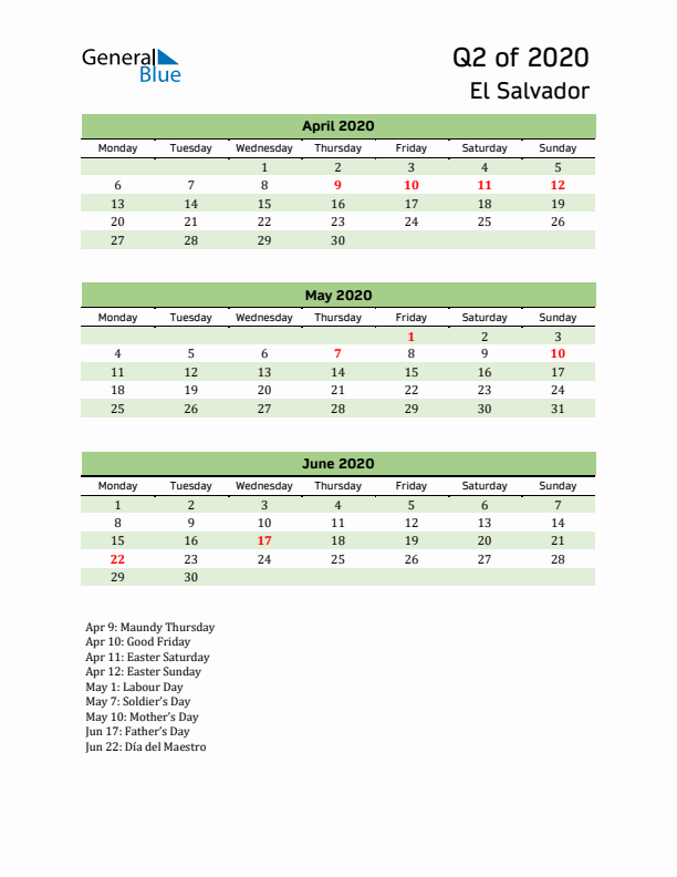 Quarterly Calendar 2020 with El Salvador Holidays