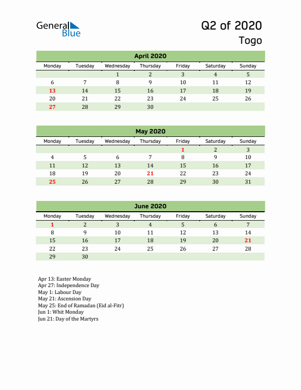 Quarterly Calendar 2020 with Togo Holidays