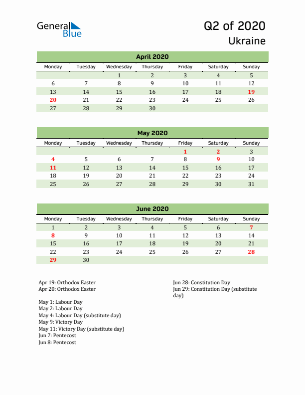 Quarterly Calendar 2020 with Ukraine Holidays