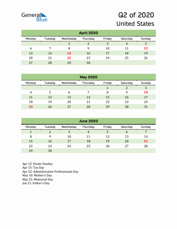 Quarterly Calendar 2020 with United States Holidays