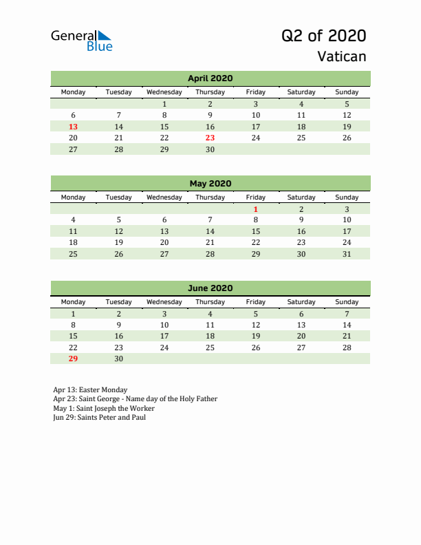 Quarterly Calendar 2020 with Vatican Holidays