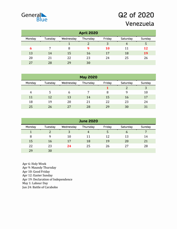 Quarterly Calendar 2020 with Venezuela Holidays