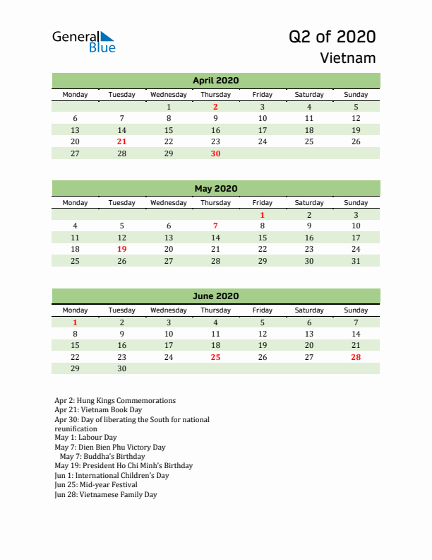 Quarterly Calendar 2020 with Vietnam Holidays