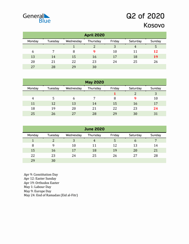 Quarterly Calendar 2020 with Kosovo Holidays