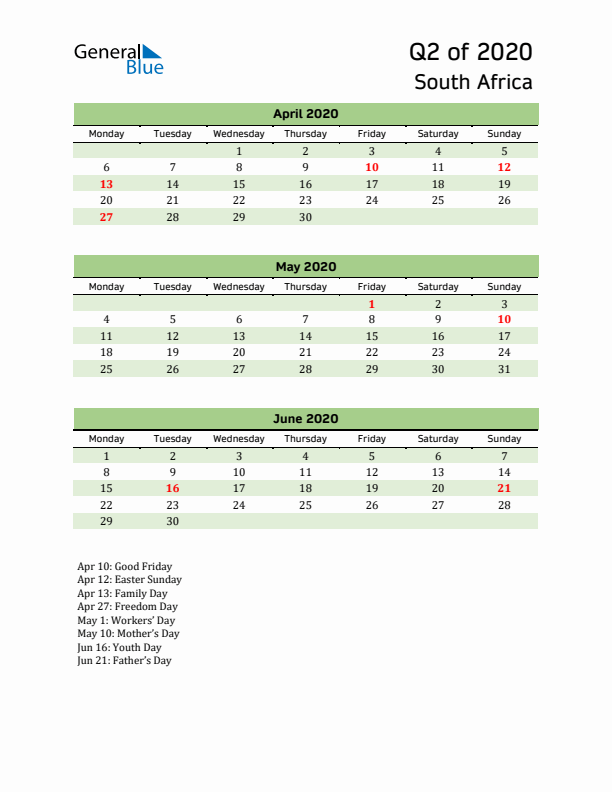 Quarterly Calendar 2020 with South Africa Holidays