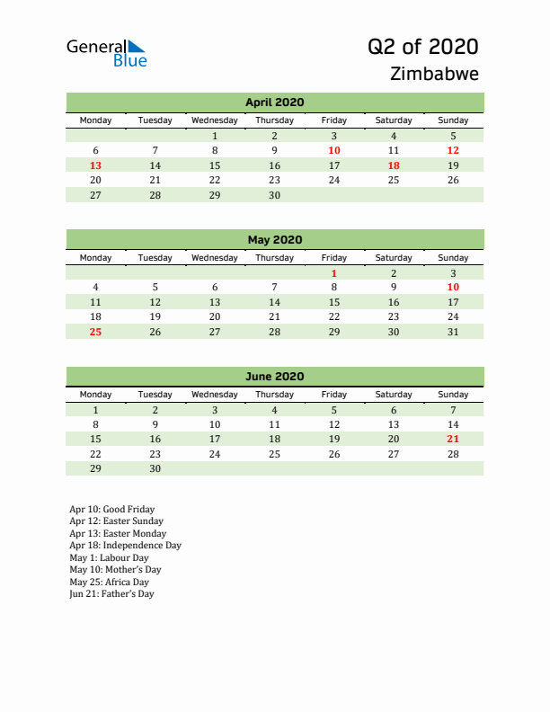 Quarterly Calendar 2020 with Zimbabwe Holidays