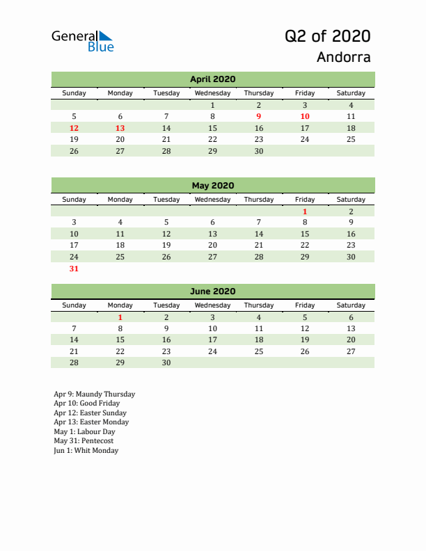 Quarterly Calendar 2020 with Andorra Holidays