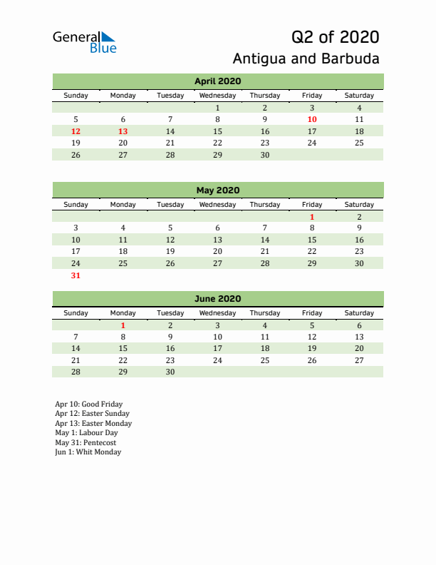 Quarterly Calendar 2020 with Antigua and Barbuda Holidays