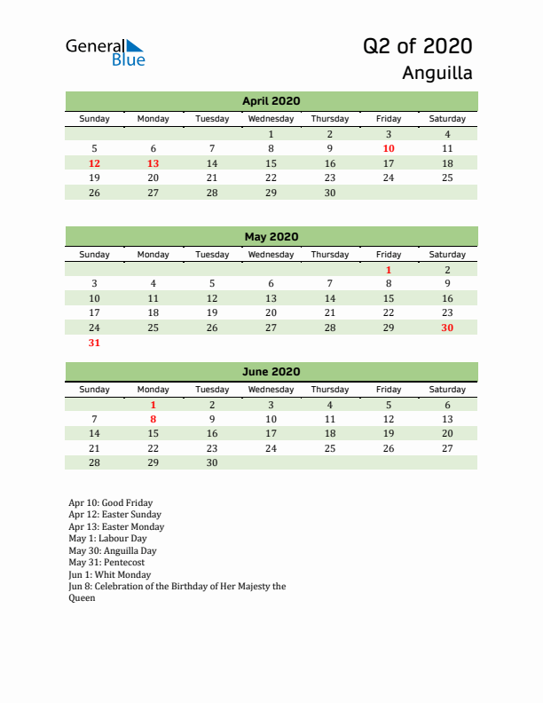 Quarterly Calendar 2020 with Anguilla Holidays