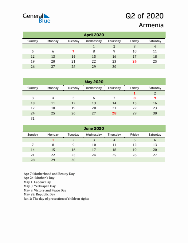 Quarterly Calendar 2020 with Armenia Holidays