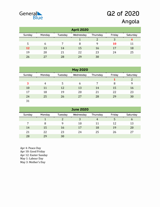 Quarterly Calendar 2020 with Angola Holidays