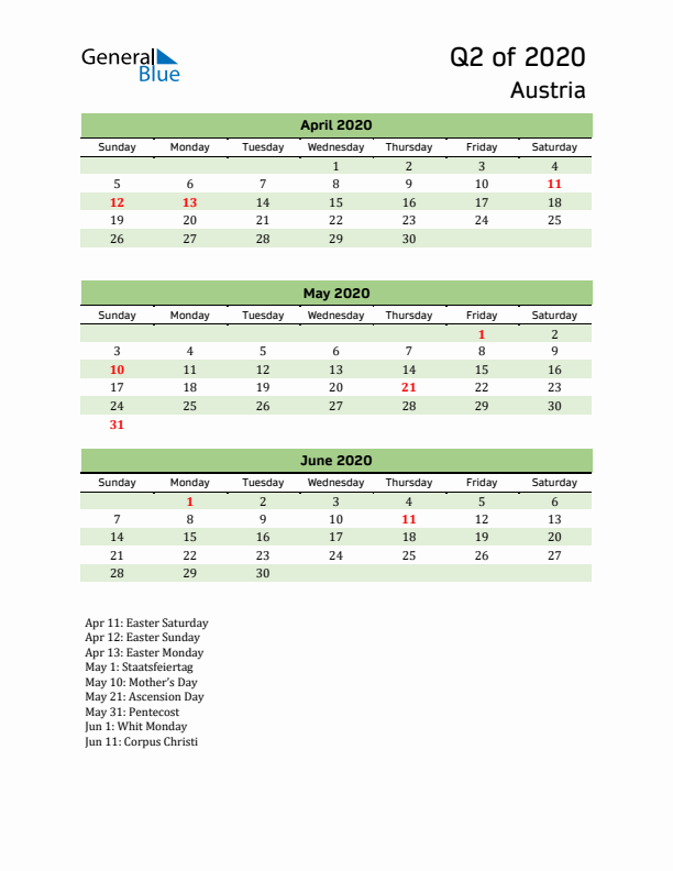 Quarterly Calendar 2020 with Austria Holidays