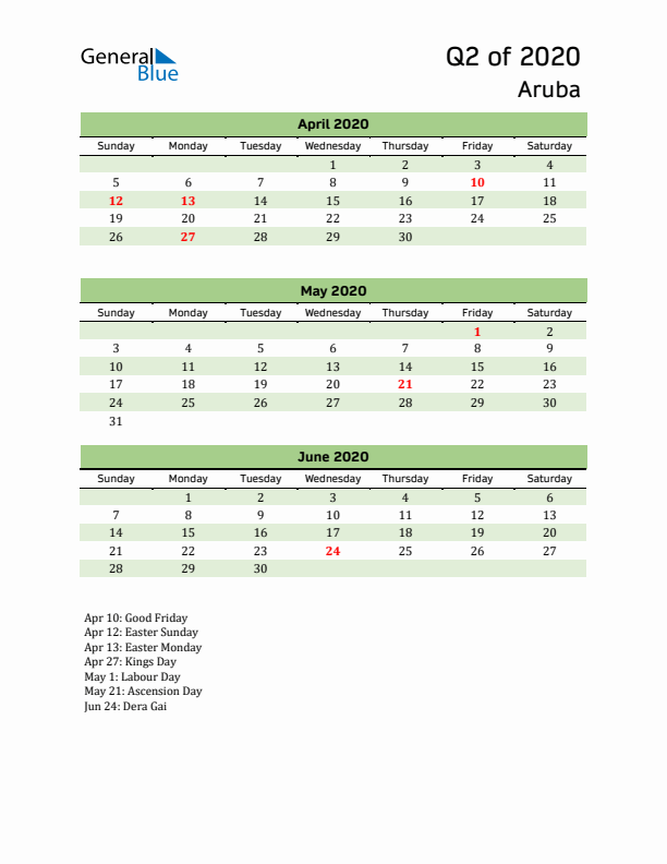 Quarterly Calendar 2020 with Aruba Holidays