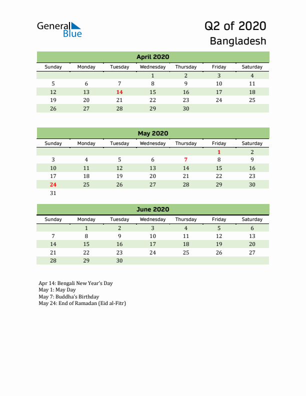 Quarterly Calendar 2020 with Bangladesh Holidays