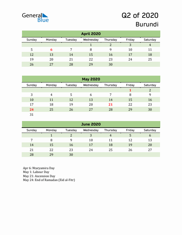 Quarterly Calendar 2020 with Burundi Holidays