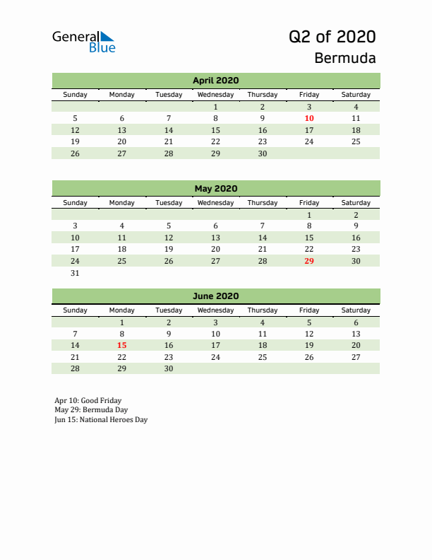 Quarterly Calendar 2020 with Bermuda Holidays