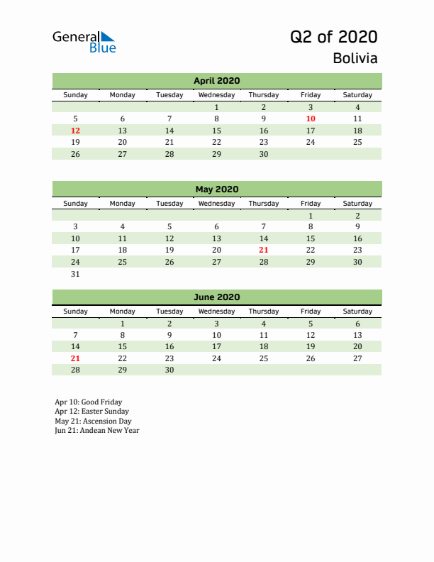 Quarterly Calendar 2020 with Bolivia Holidays