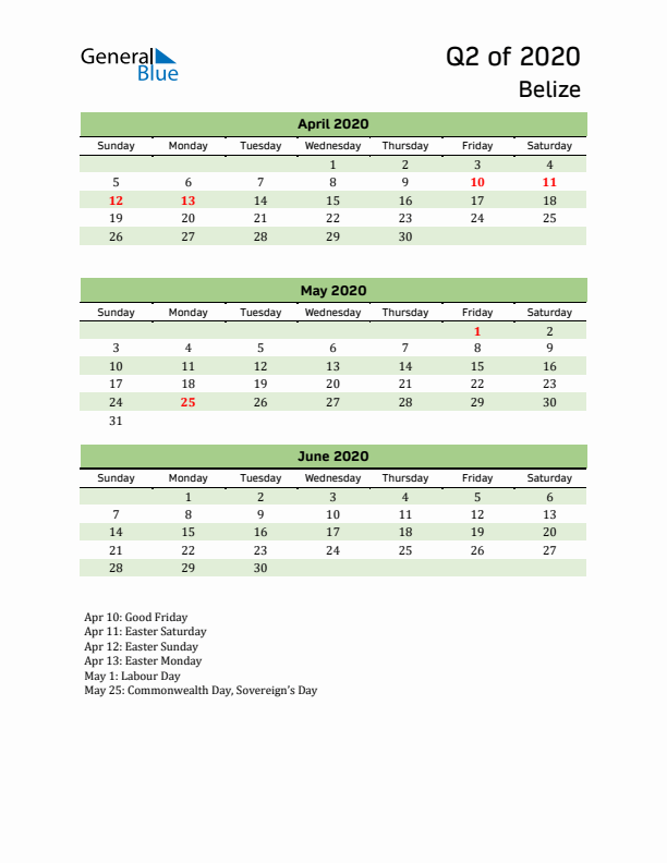 Quarterly Calendar 2020 with Belize Holidays