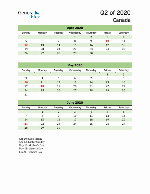 Quarterly Calendar 2020 with Canada Holidays