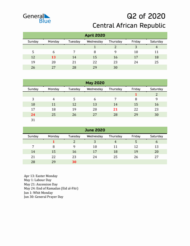 Quarterly Calendar 2020 with Central African Republic Holidays