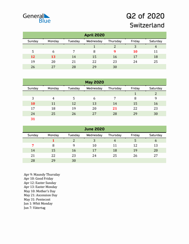 Quarterly Calendar 2020 with Switzerland Holidays