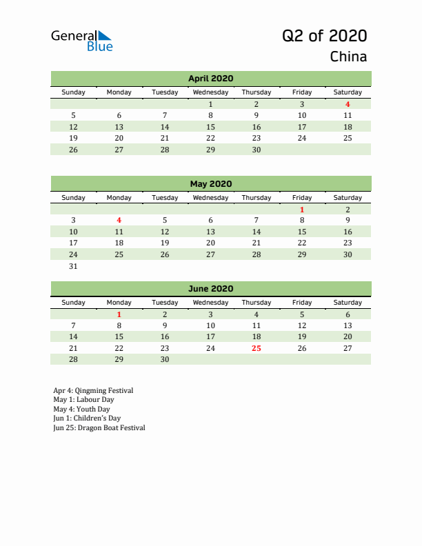 Quarterly Calendar 2020 with China Holidays