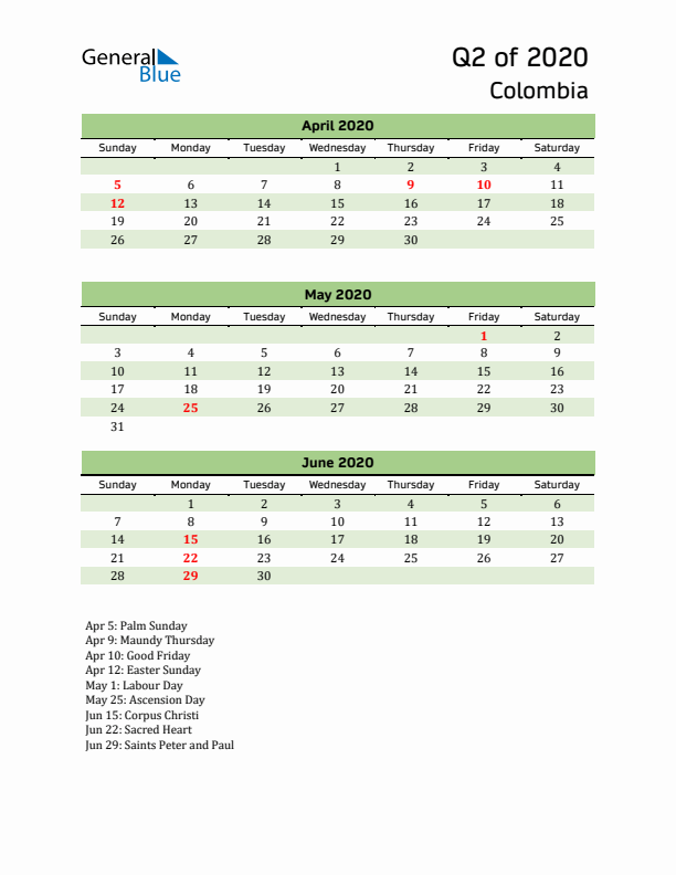 Quarterly Calendar 2020 with Colombia Holidays