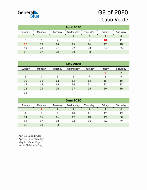 Quarterly Calendar 2020 with Cabo Verde Holidays