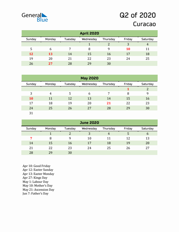 Quarterly Calendar 2020 with Curacao Holidays