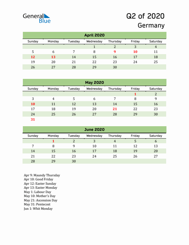 Quarterly Calendar 2020 with Germany Holidays