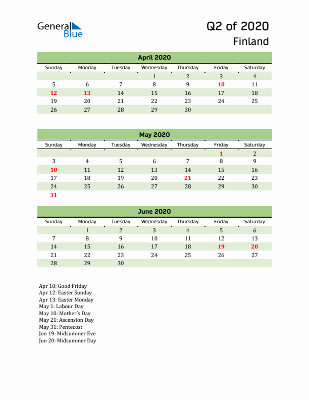 Quarterly Calendar 2020 with Finland Holidays