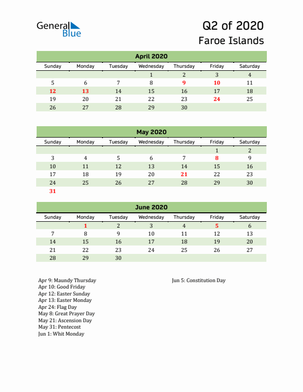 Quarterly Calendar 2020 with Faroe Islands Holidays