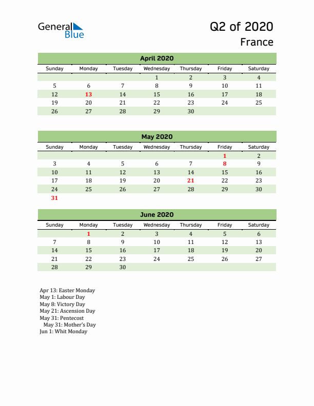 Quarterly Calendar 2020 with France Holidays