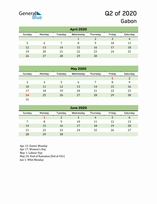 Quarterly Calendar 2020 with Gabon Holidays