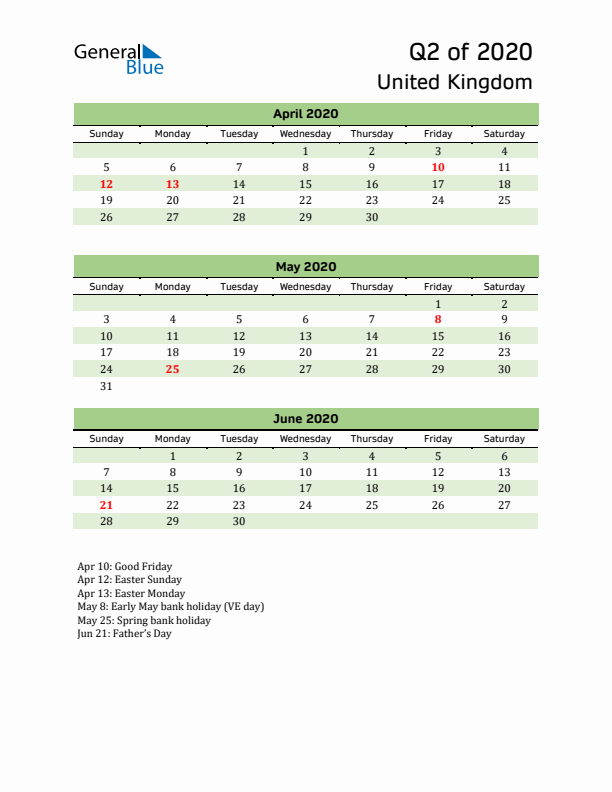 Quarterly Calendar 2020 with United Kingdom Holidays