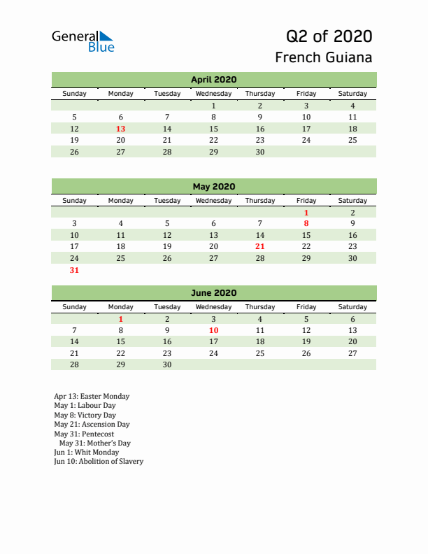 Quarterly Calendar 2020 with French Guiana Holidays