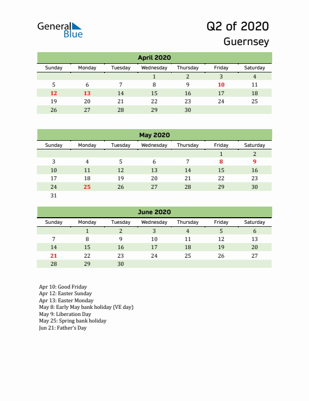 Quarterly Calendar 2020 with Guernsey Holidays